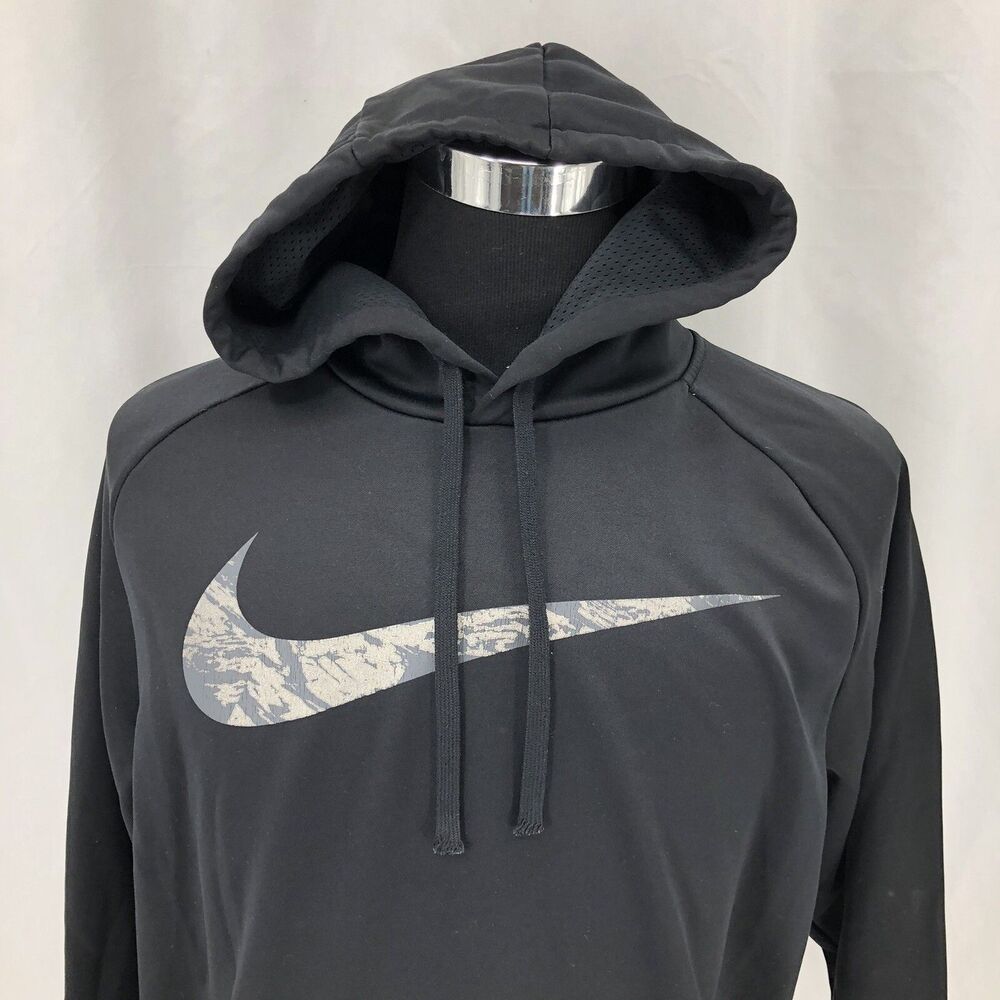 Nike Black Silver Marble Swoosh Therma Pullover Hoodie 860495 Sz Large